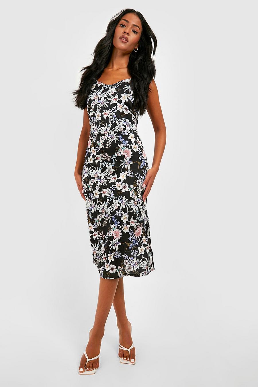 Black Tall Floral Satin Slip Dress image number 1