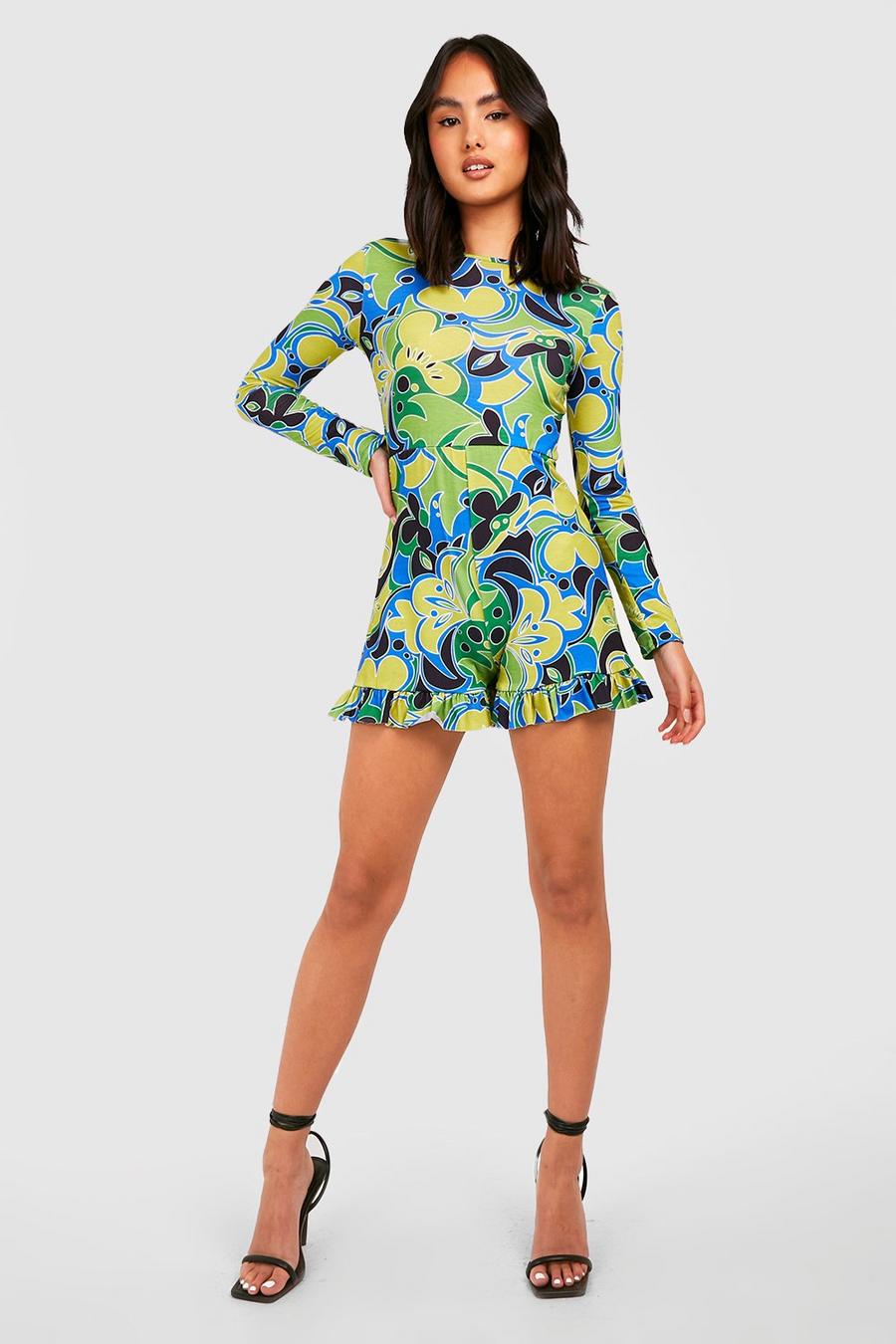Green Abstract Long Sleeve Playsuit image number 1
