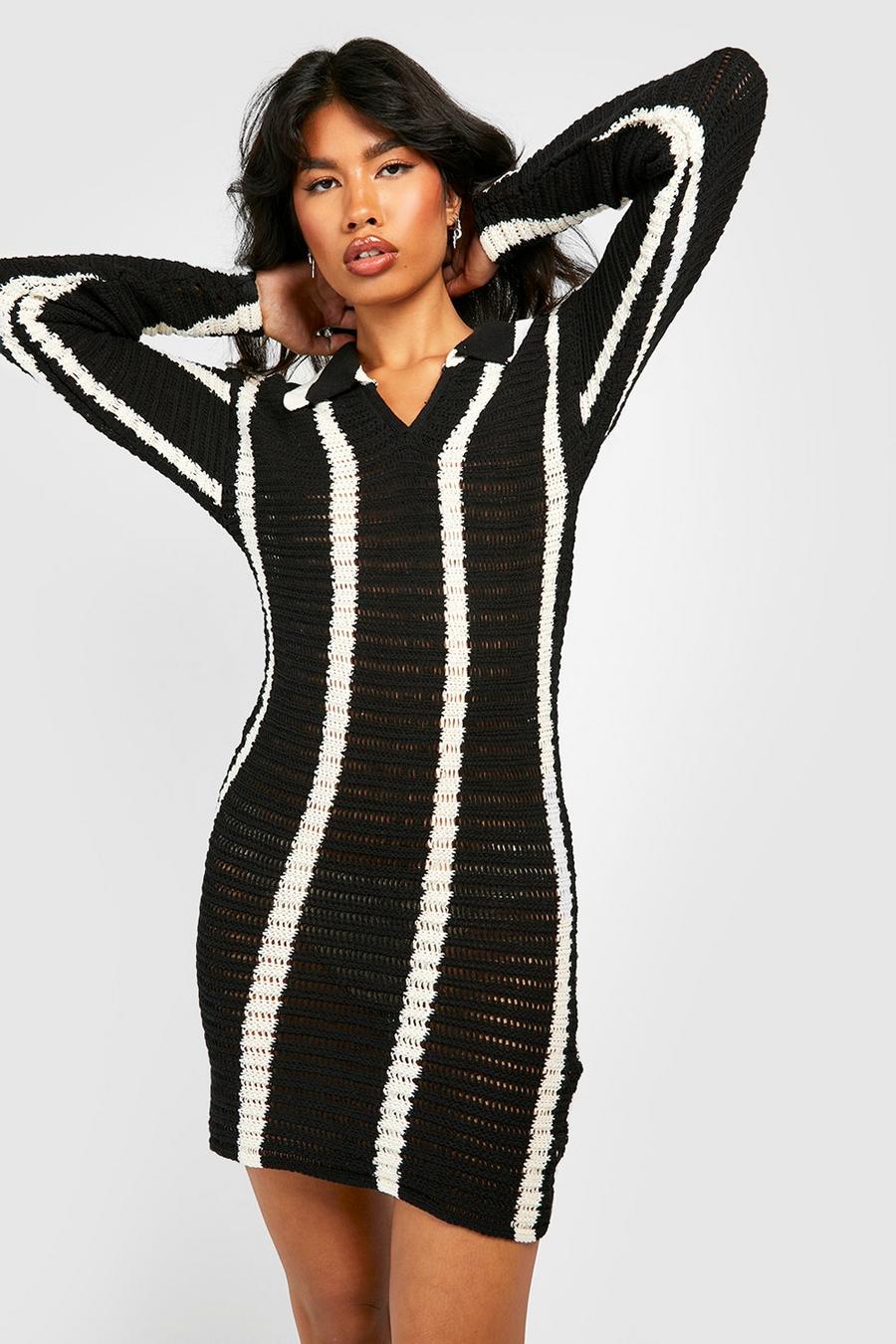 Black Stripe Crochet Polo Collar Knitted Dress