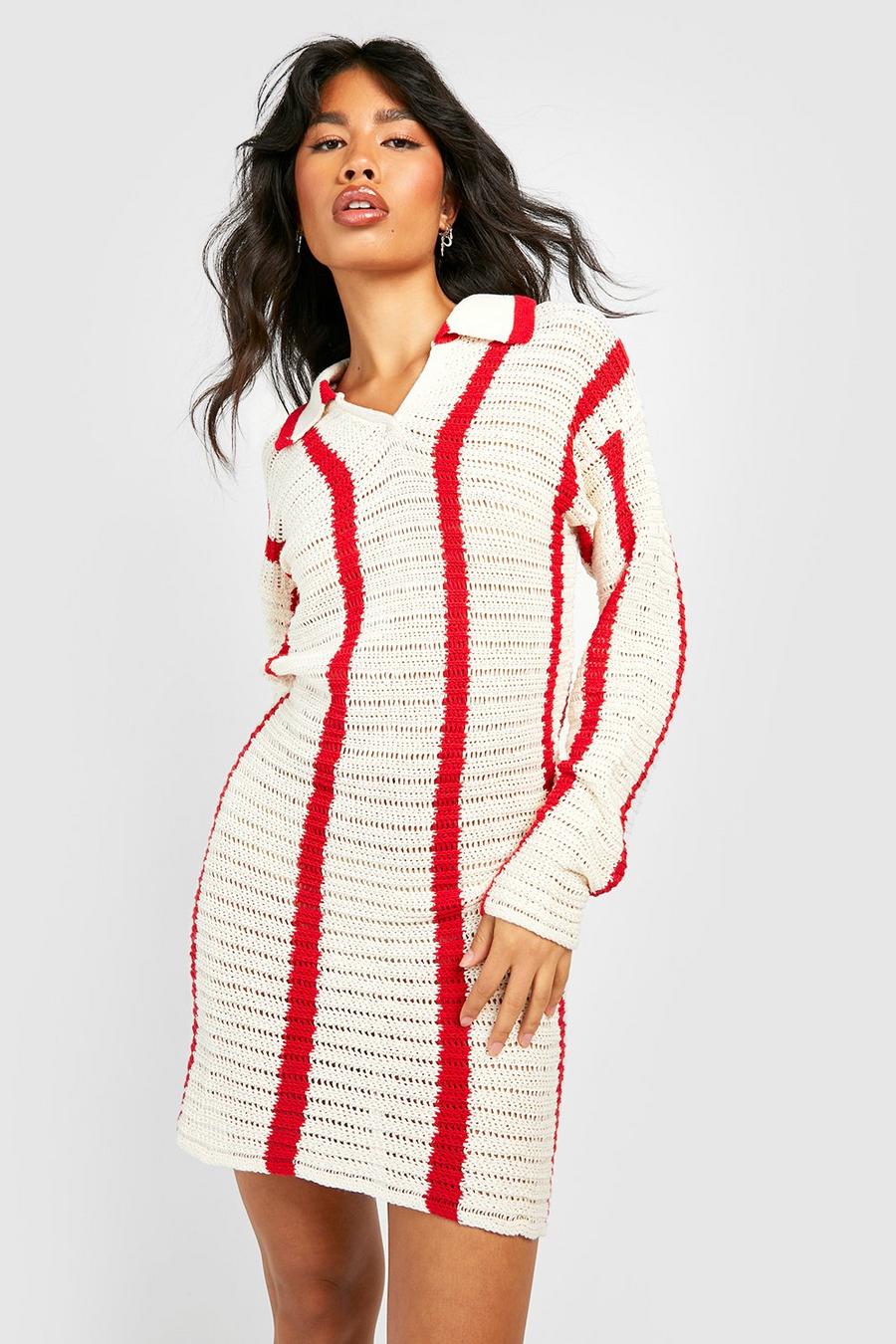 Ecru Stripe Crochet Polo Collar Knitted Dress image number 1