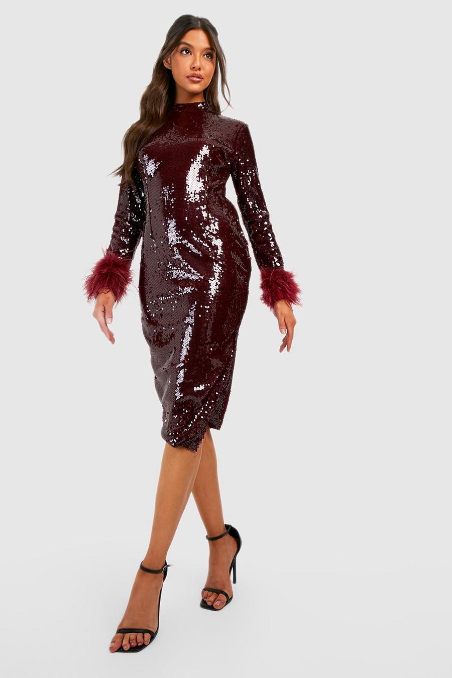 Berry red Sequin High Neck Feather Midi Dress