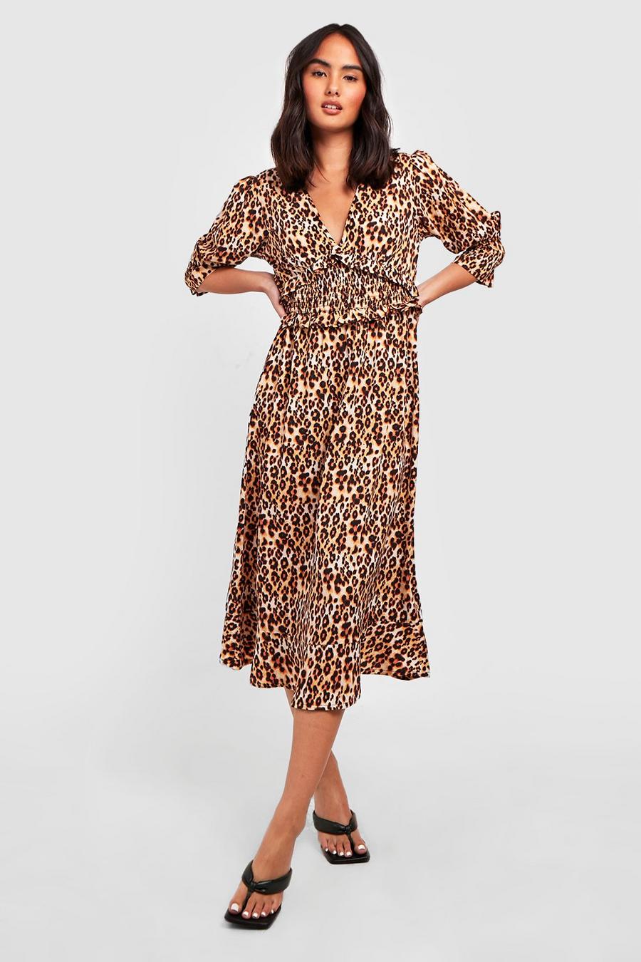 Brown Leopard Shirred Midi Dress