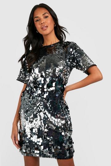 Disc Sequin Oversized T-Shirt Party Dress silver