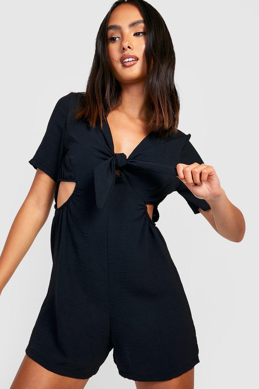 Black Tie Front Woven Flare Sleeve Romper image number 1