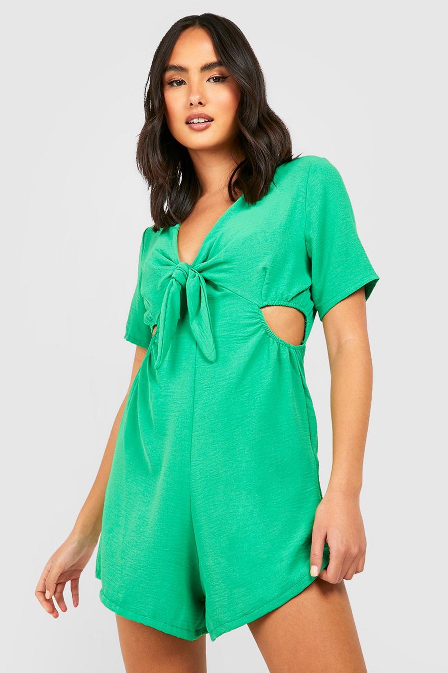 Chartreuse yellow Tie Front Woven Flare Sleeve Romper