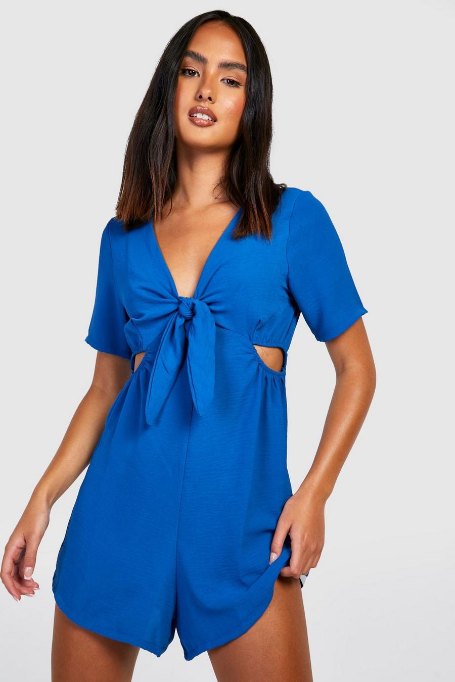 Cobalt blue Tie Front Woven Flare Sleeve Playsuit