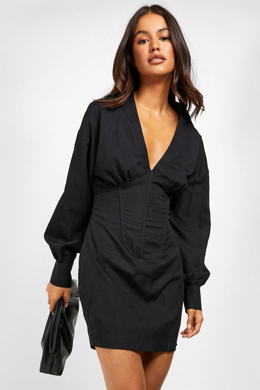 Black Corset Detail Shirt Dress image number 1