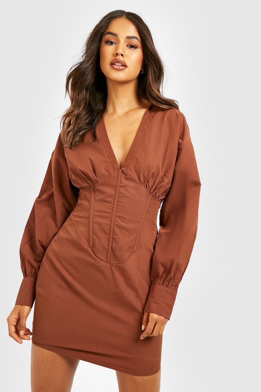 Chocolate marrón Corset Detail Shirt Dress image number 1