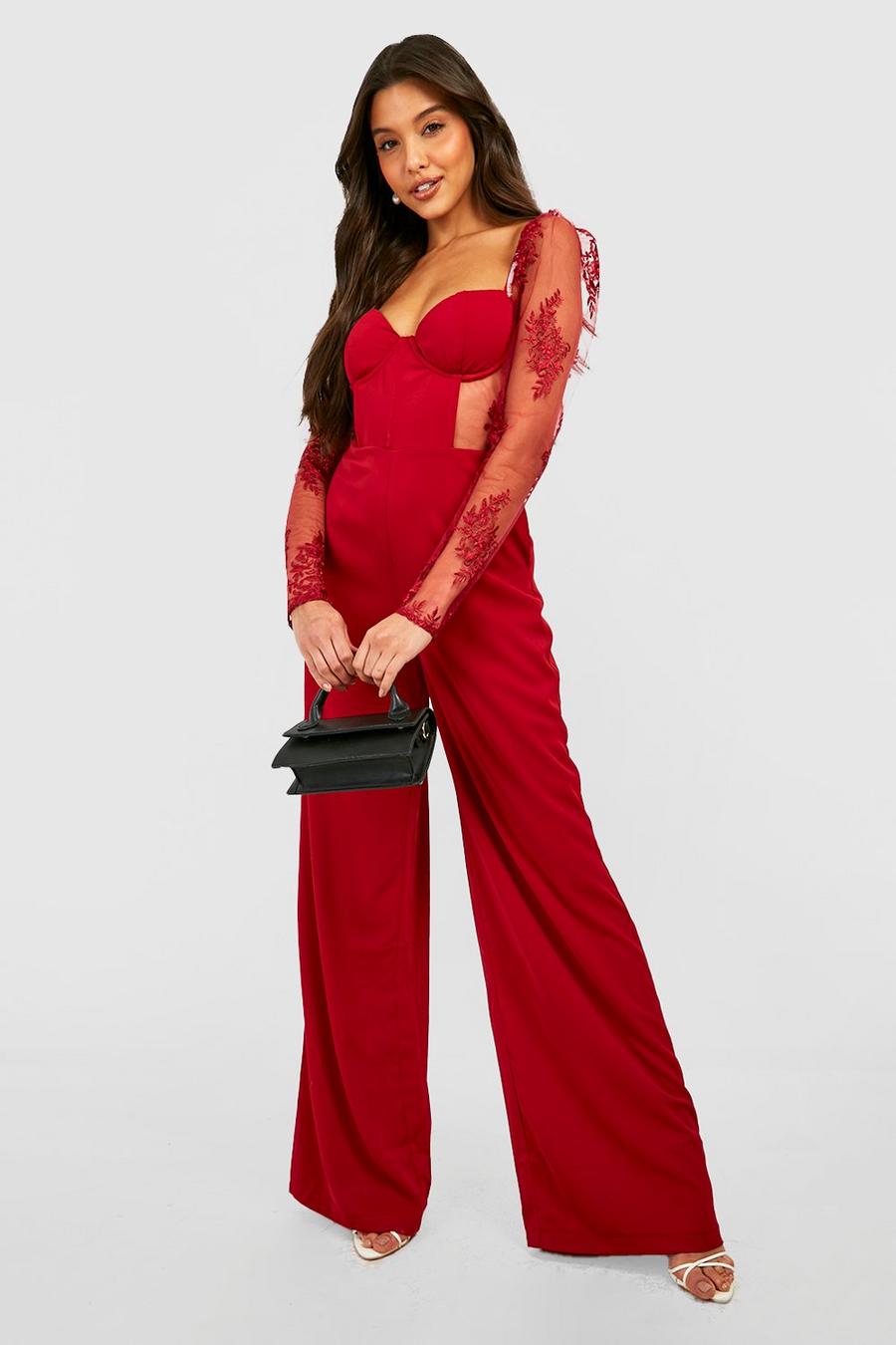 Berry red Long Sleeve Lace Wide Leg Jumpsuit image number 1