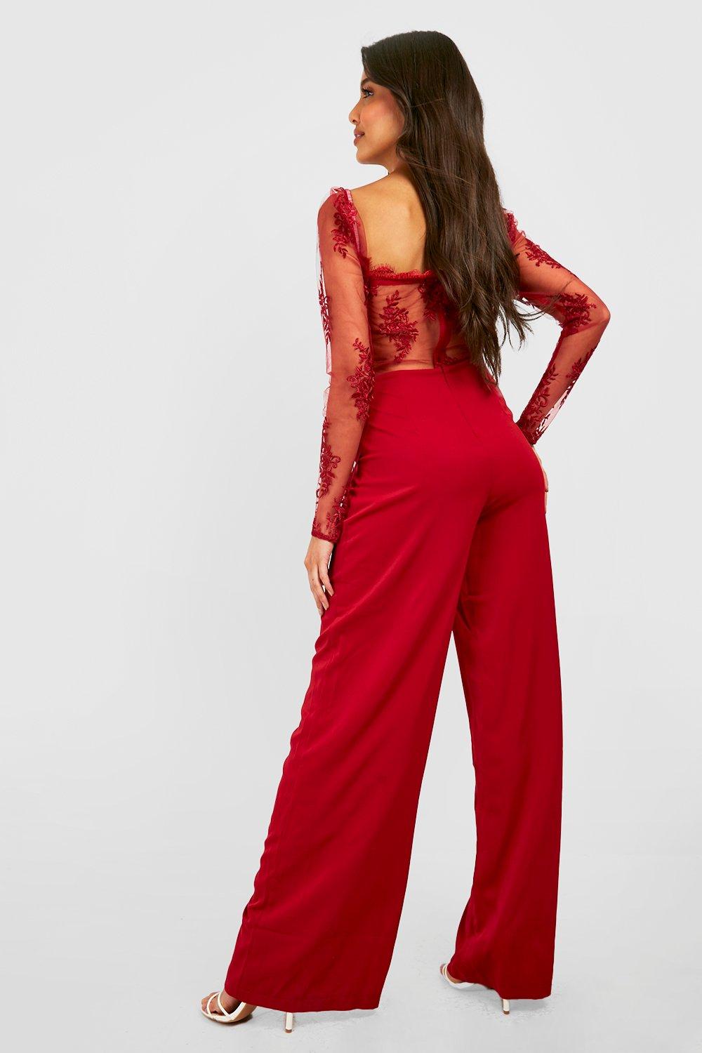 Women's Lace Splicing Formal Jumpsuits Long Sleeve Wide Leg