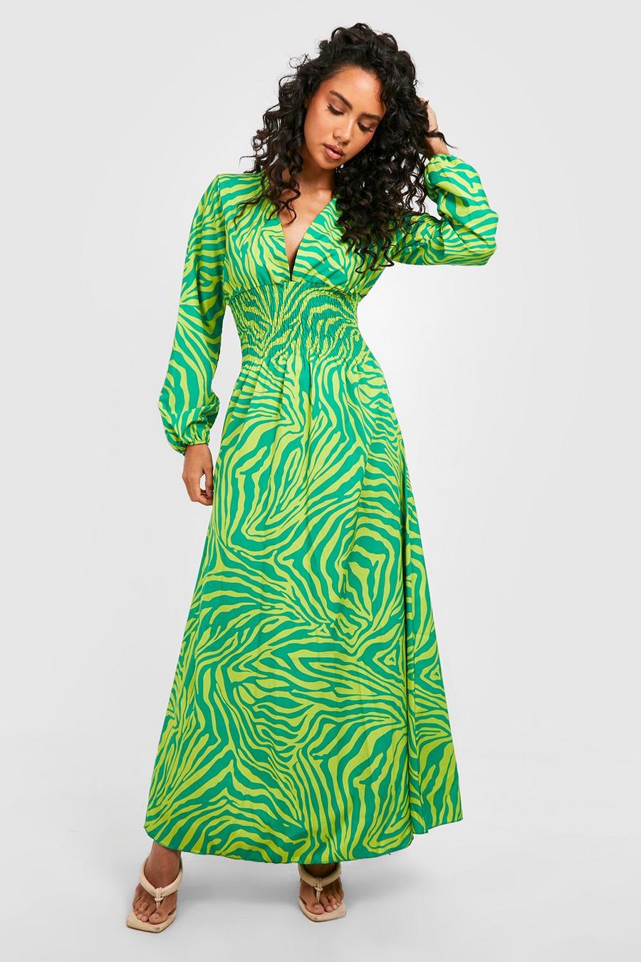 Green Zebra V Neck Shirred Maxi Dress