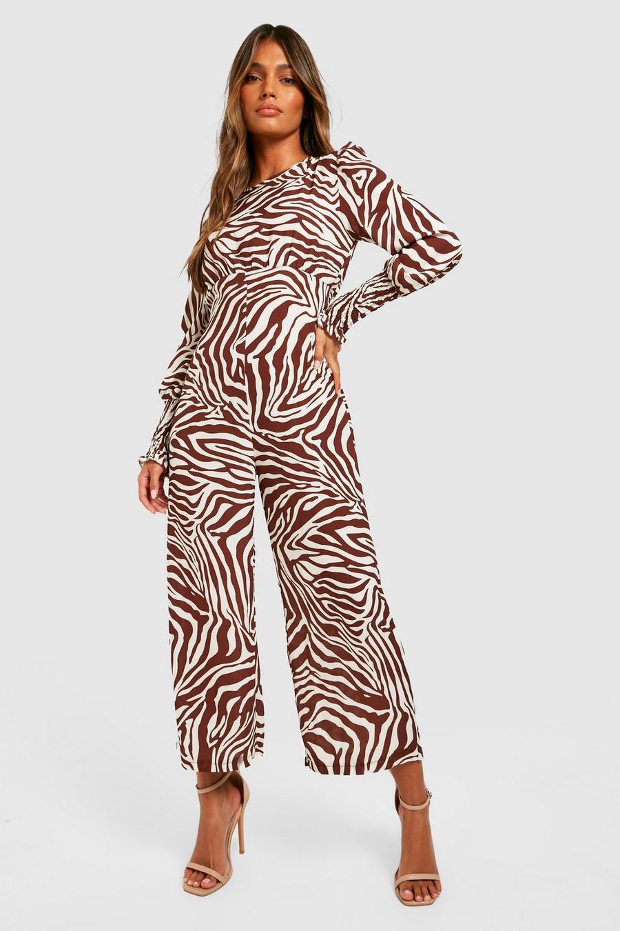 Black Zebra Long Sleeve Culotte Jumpsuit image number 1