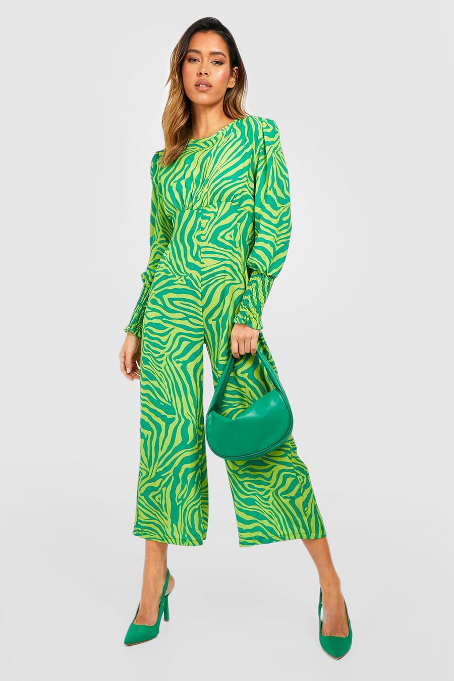 Green grön Zebra Long Sleeve Culotte Jumpsuit