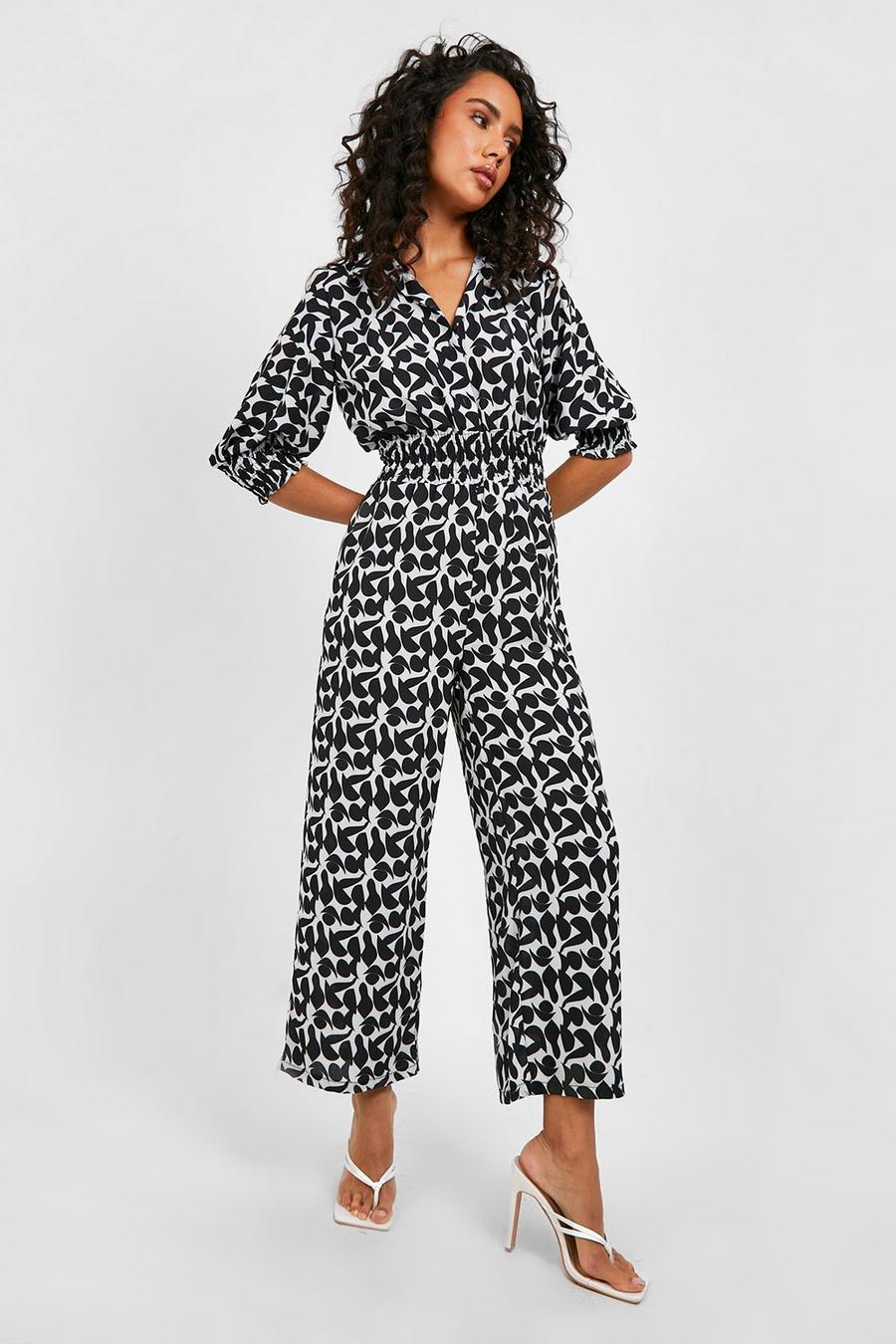 Multi Abstract Shirt Shirred Culotte Jumpsuit image number 1