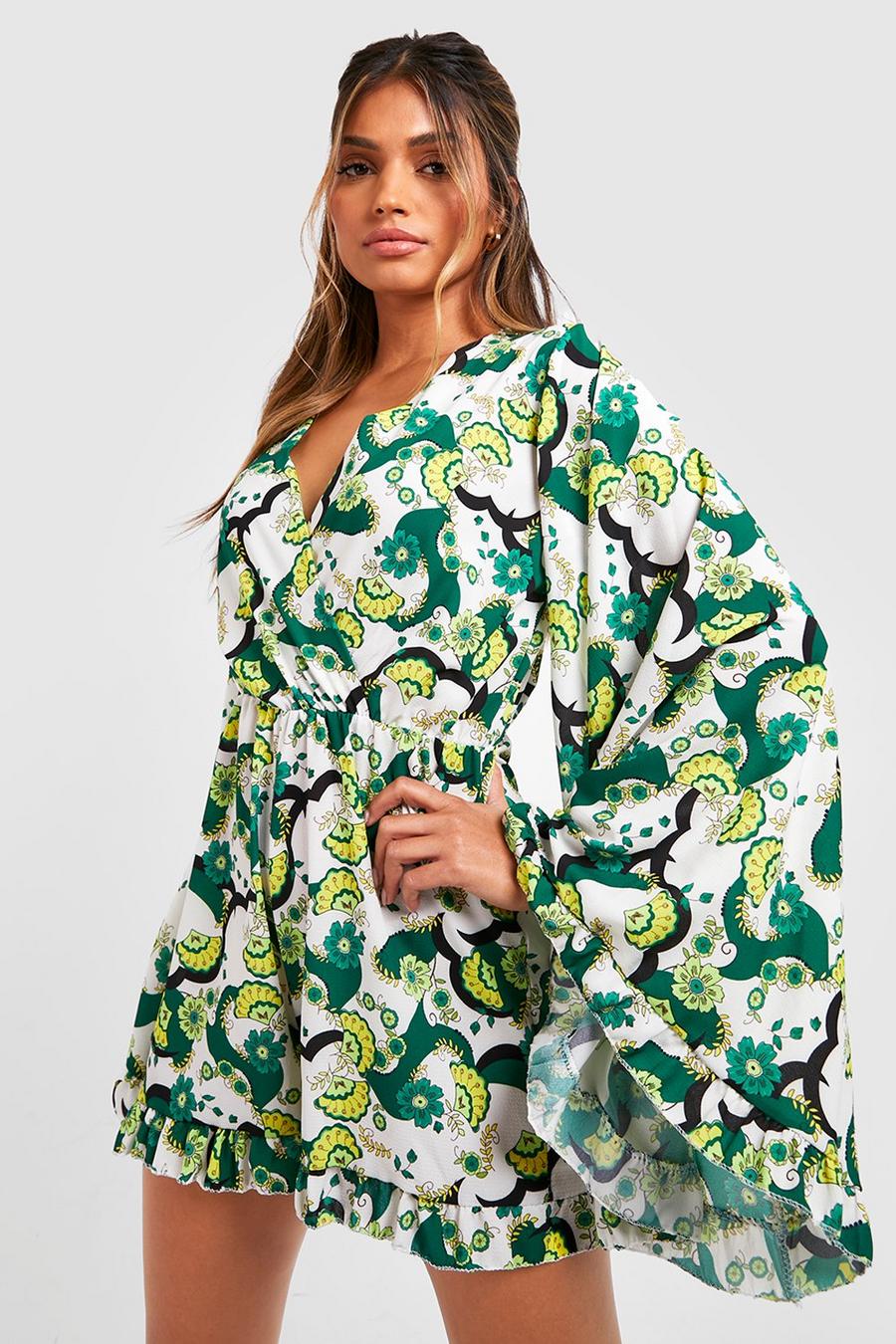Green Floral Chiffon Flare Sleeve Playsuit