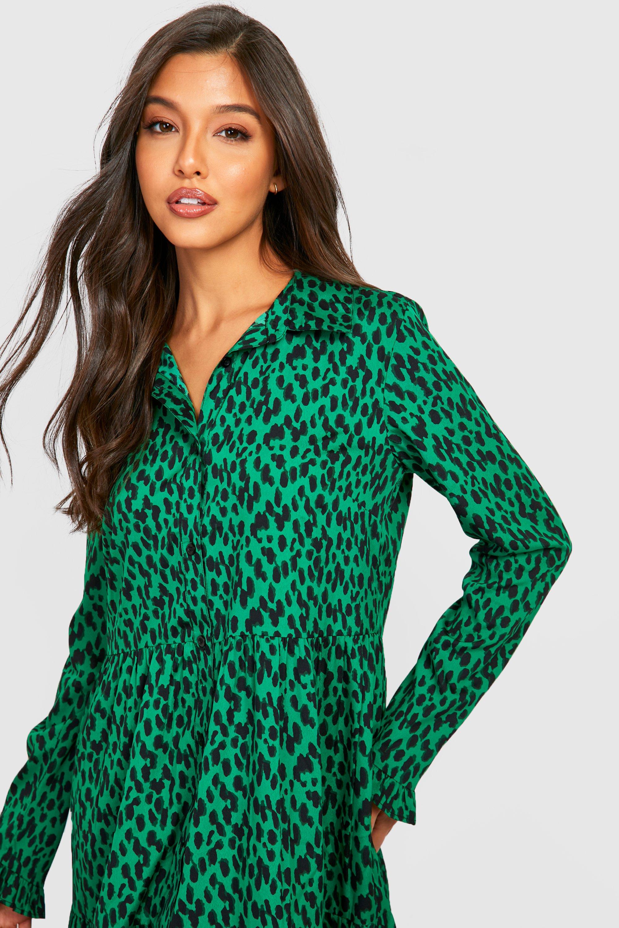 Boohoo Women s Animal Smock Shirt Dress Green