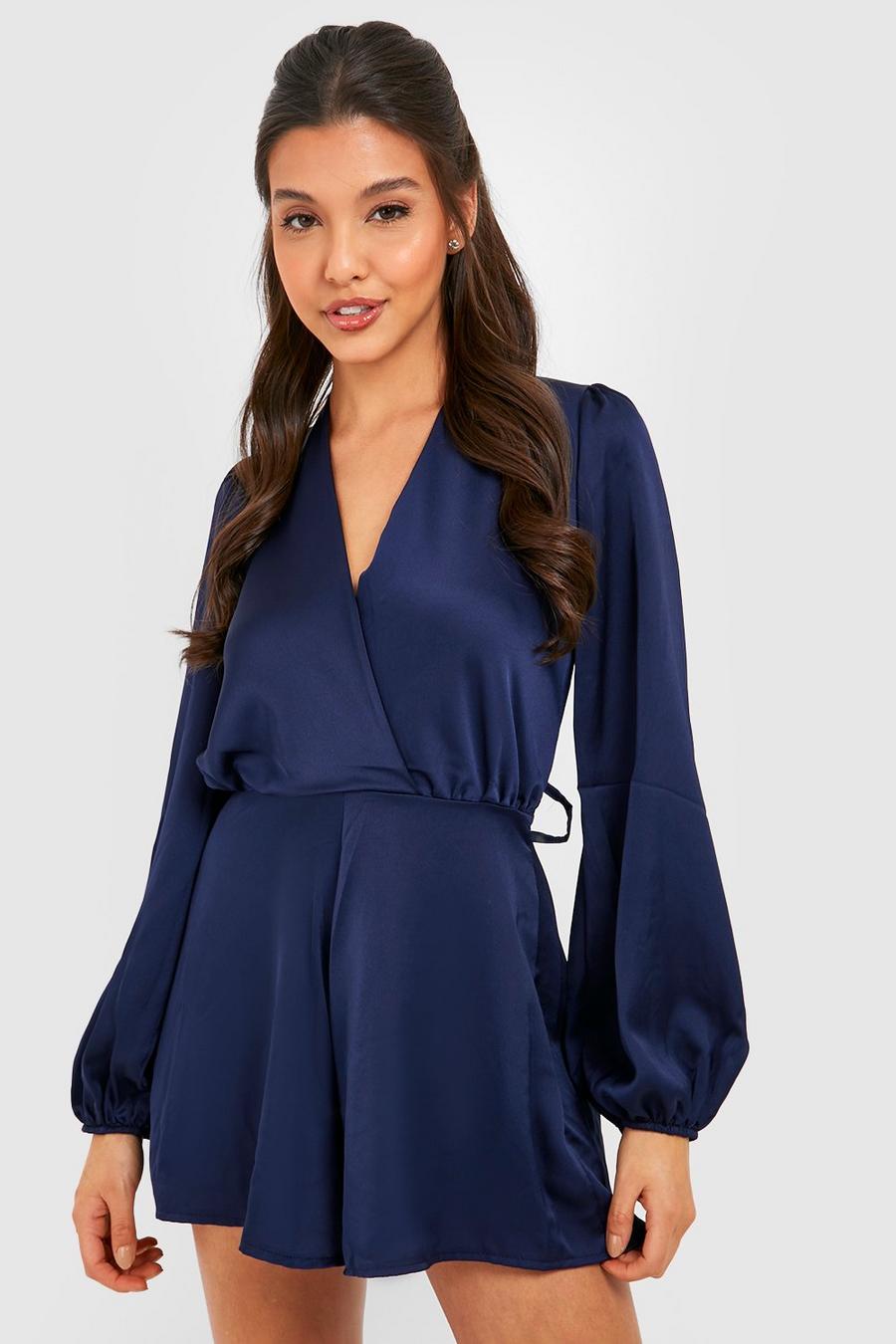 Navy Satin Puff Sleeve Belted Romper image number 1