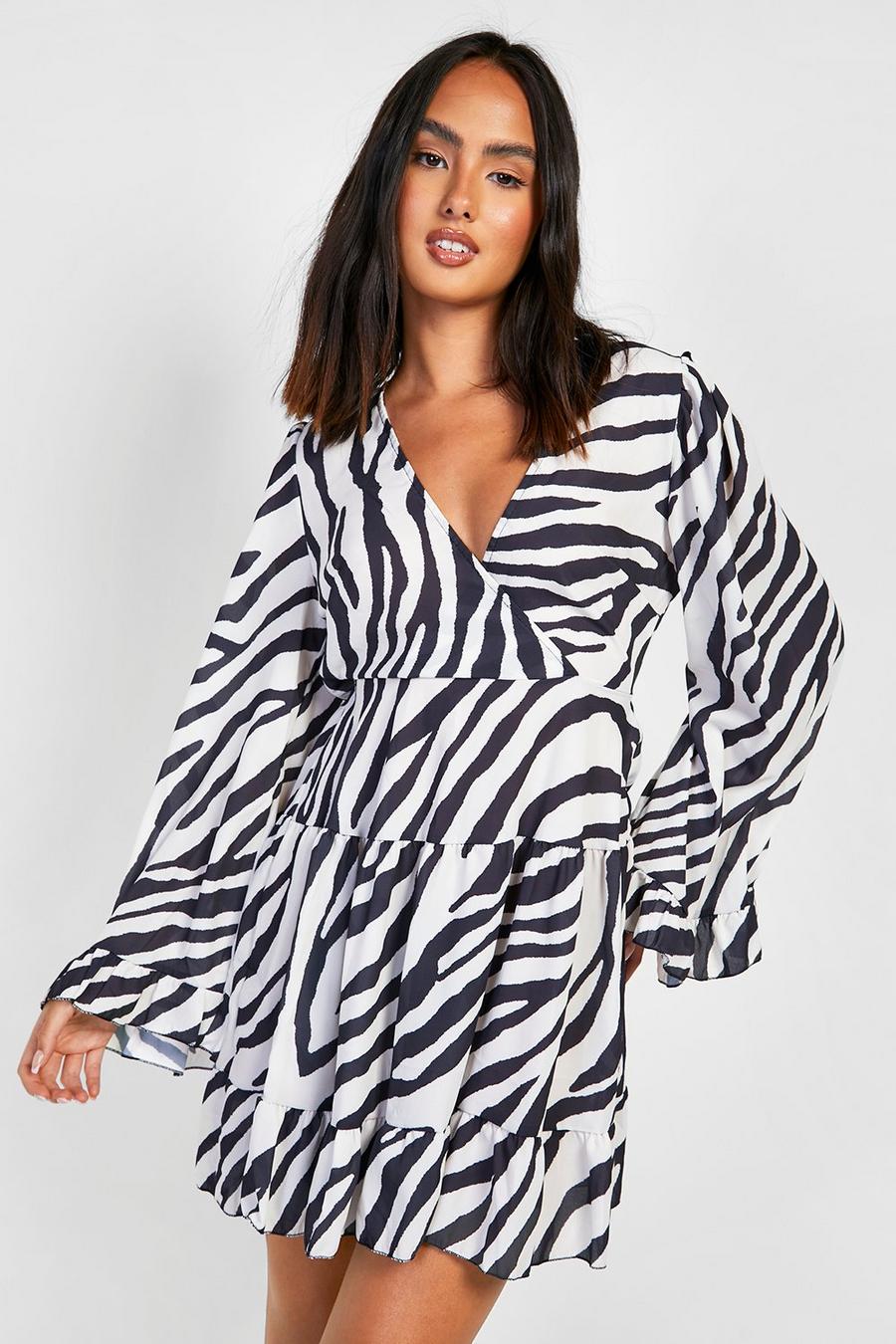 Black Zebra Flare Sleeve Woven Dress