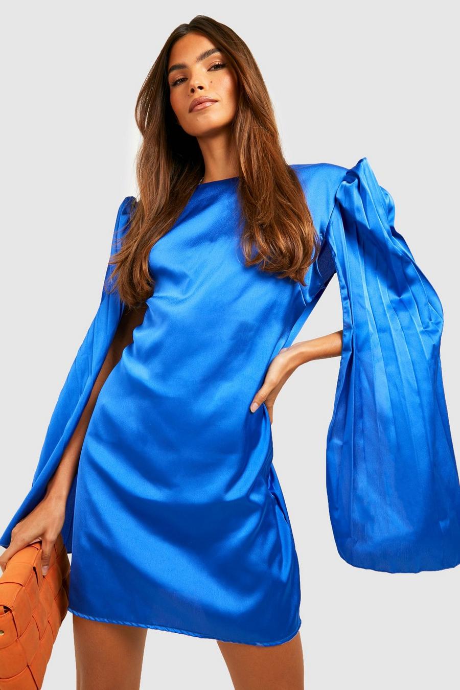 Cobalt blue Pleated Cape Sleeve Satin Dress