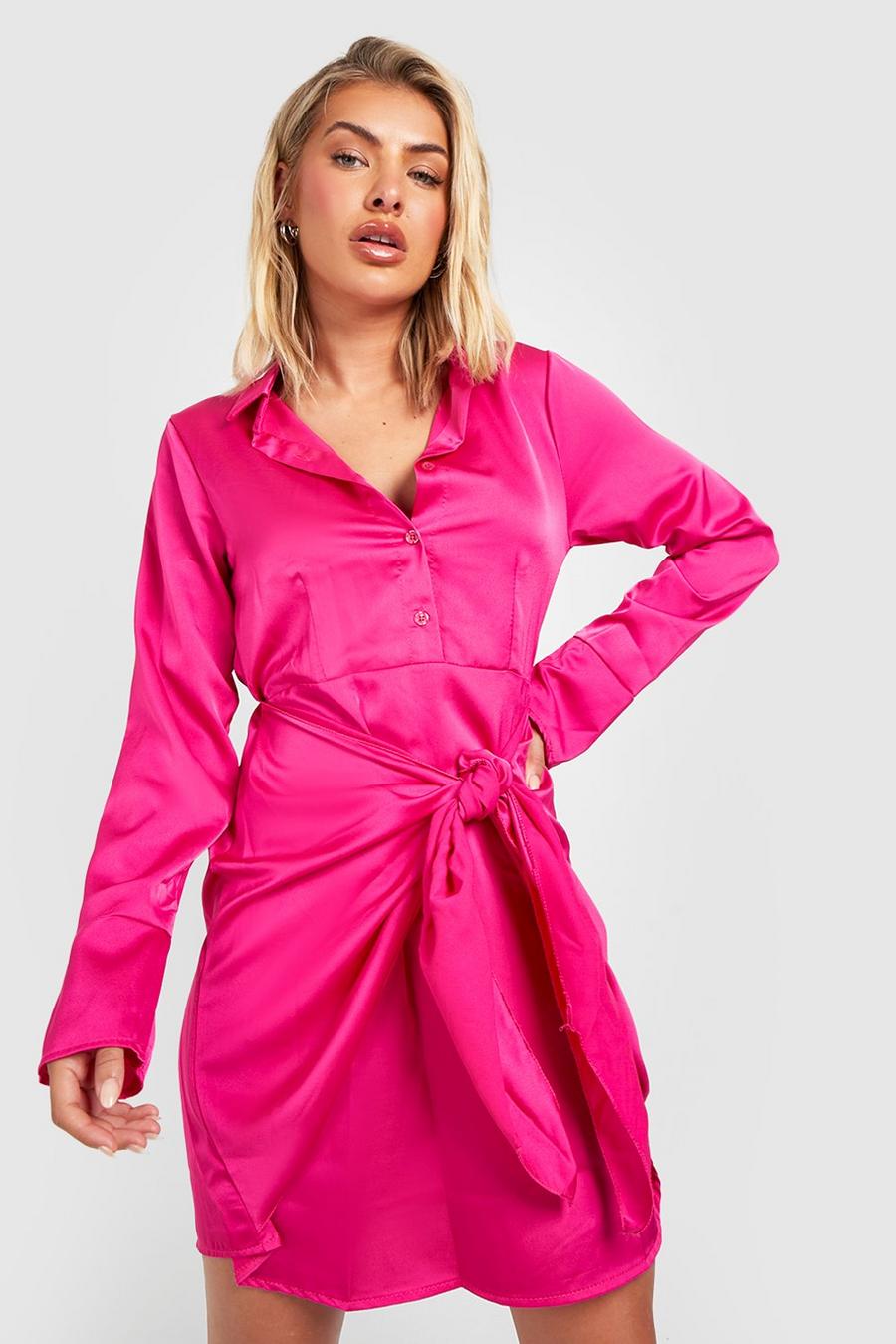 Hot pink Satin Knot Front Shirt Dress image number 1