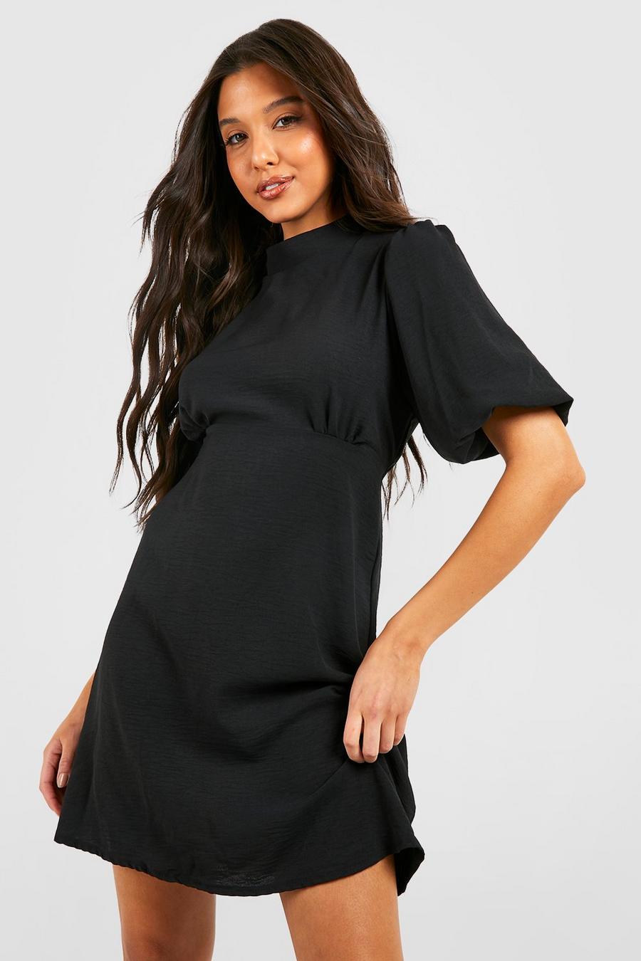 Black Puff Sleeve High Neck Woven Dress image number 1