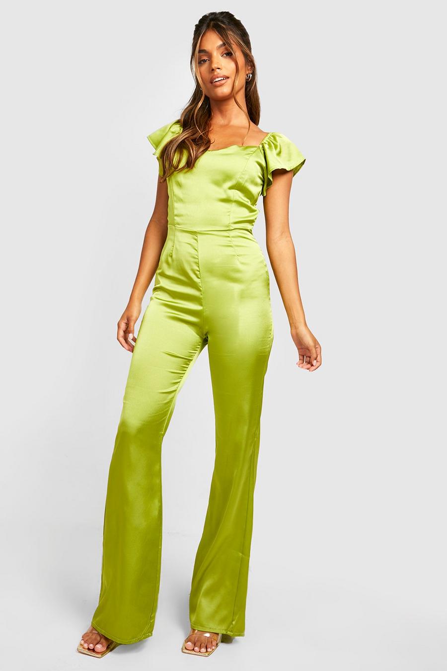 Chartreuse yellow Frill Sleeve Satin Jumpsuit