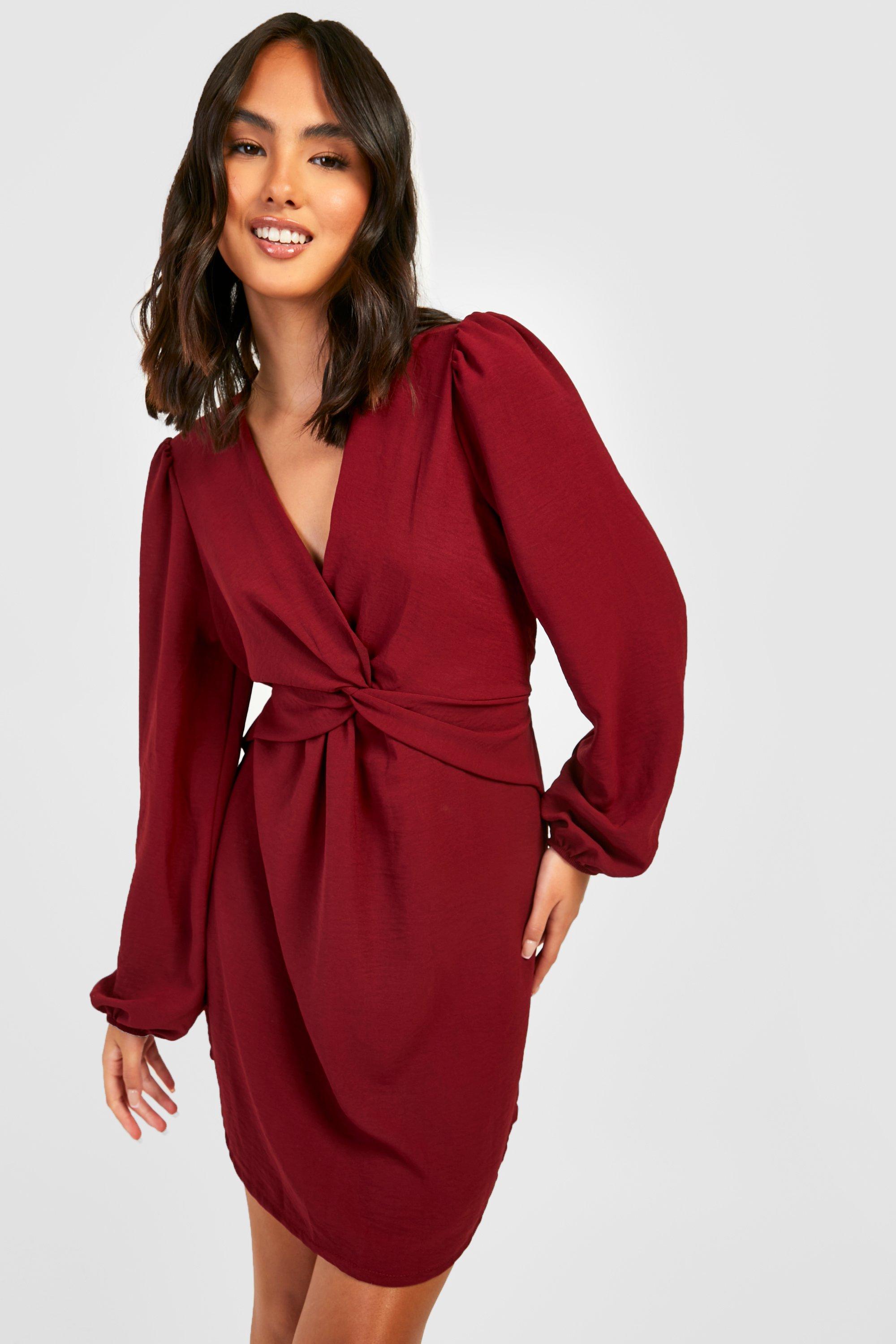 Woven Knot Front Volume Sleeve Dress