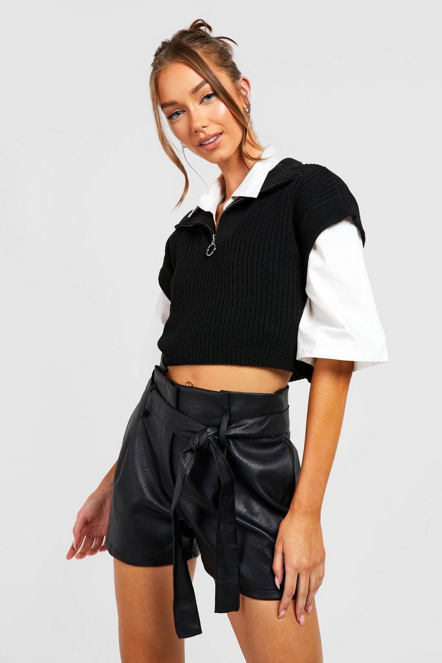 Black Faux Leather Look Belted Short