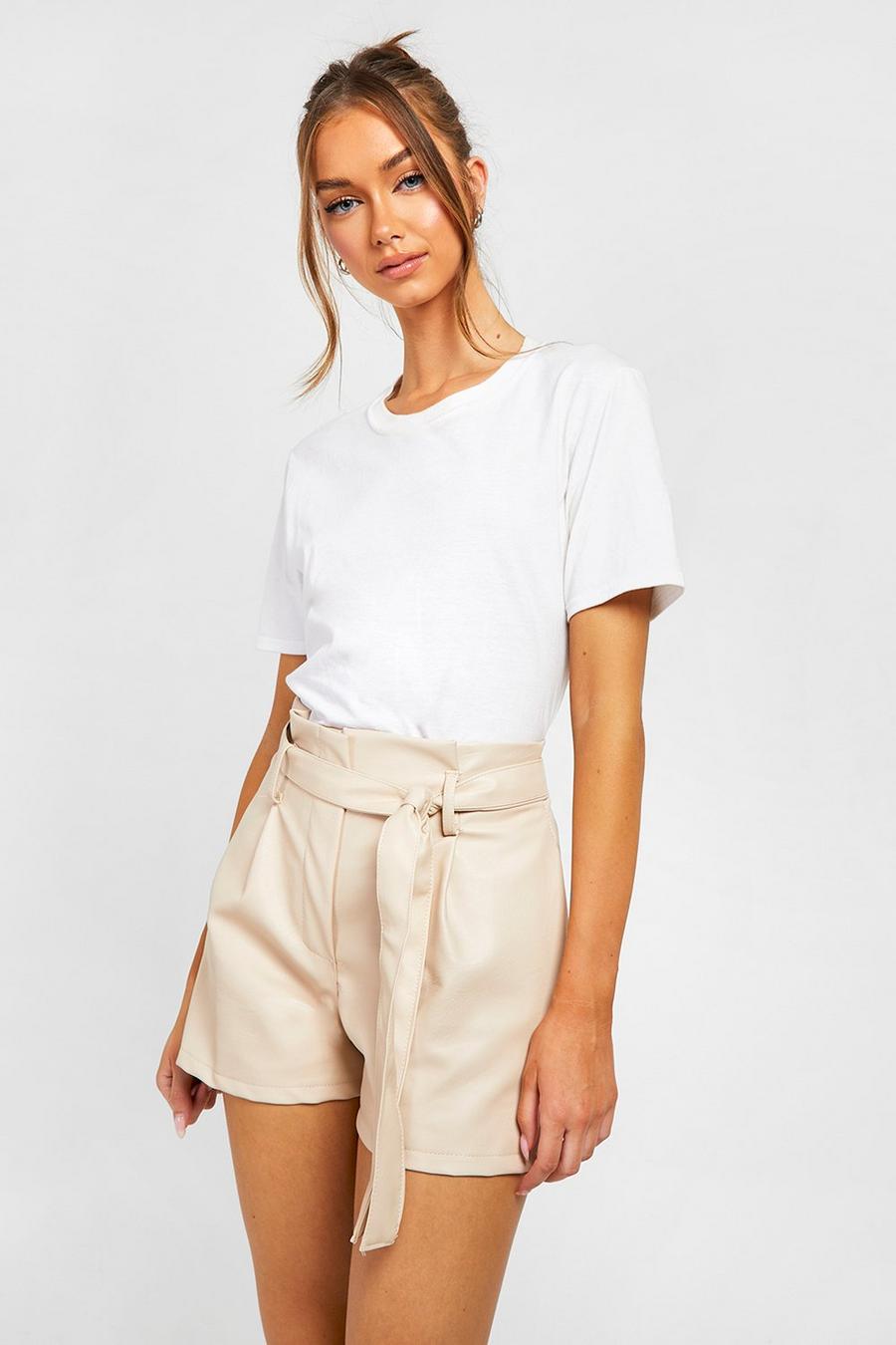 Stone beis Faux Leather Look Belted Short