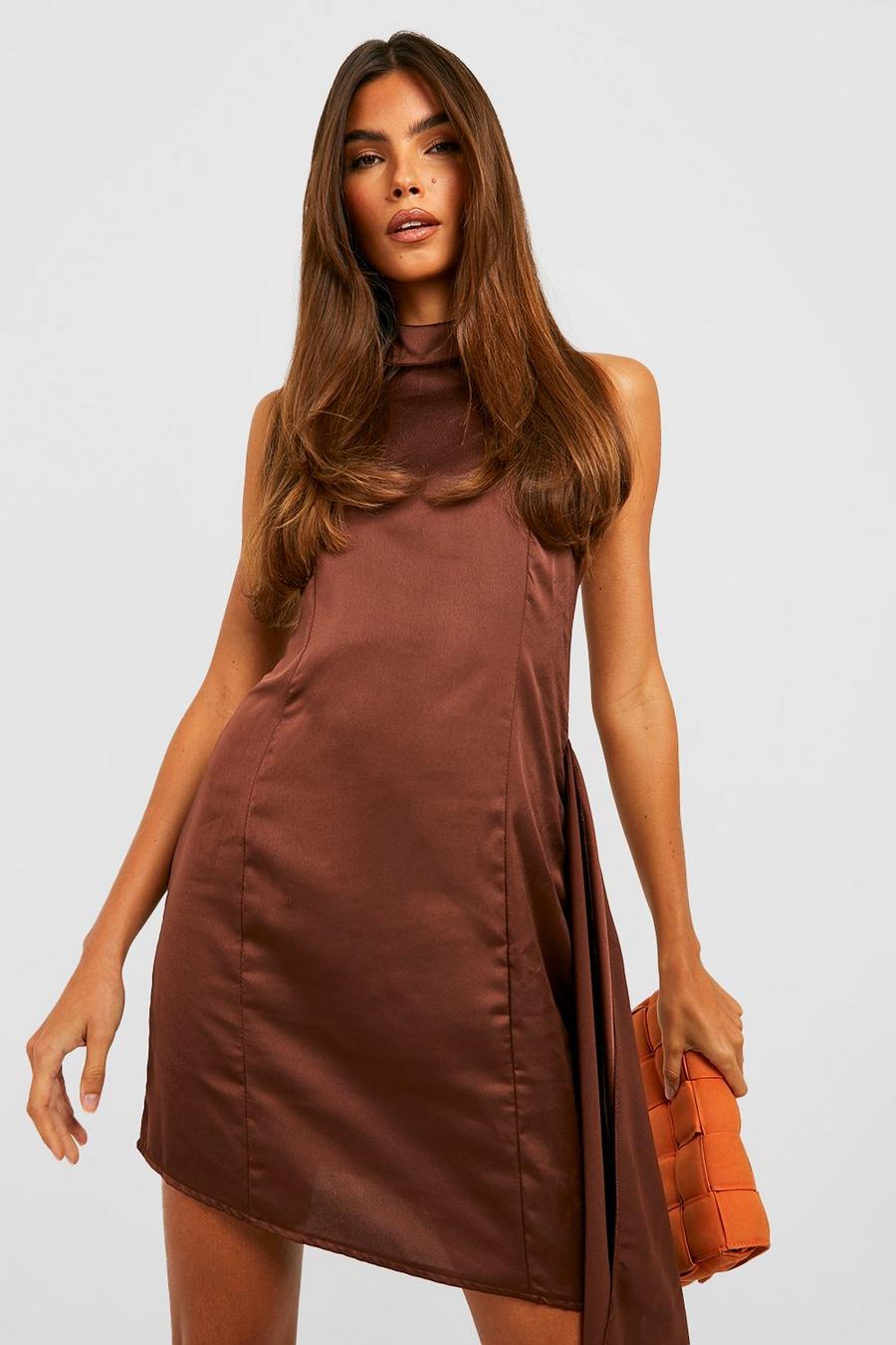 Chocolate Satin High Neck Tie Side Dress image number 1