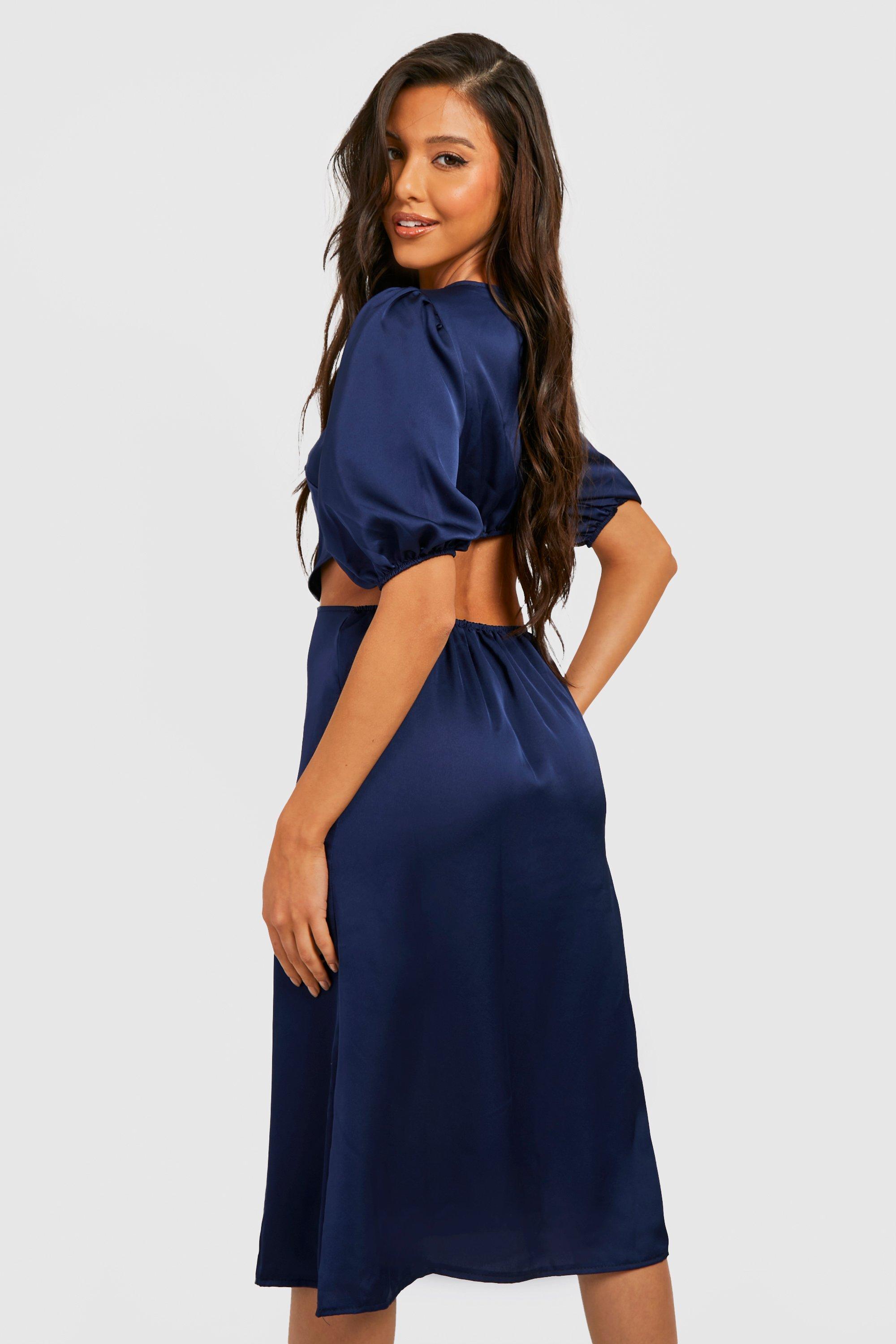 Satin Puff Sleeve Midi Dress boohoo