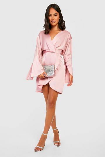 Cape Sleeve Satin Wrap Dress rose