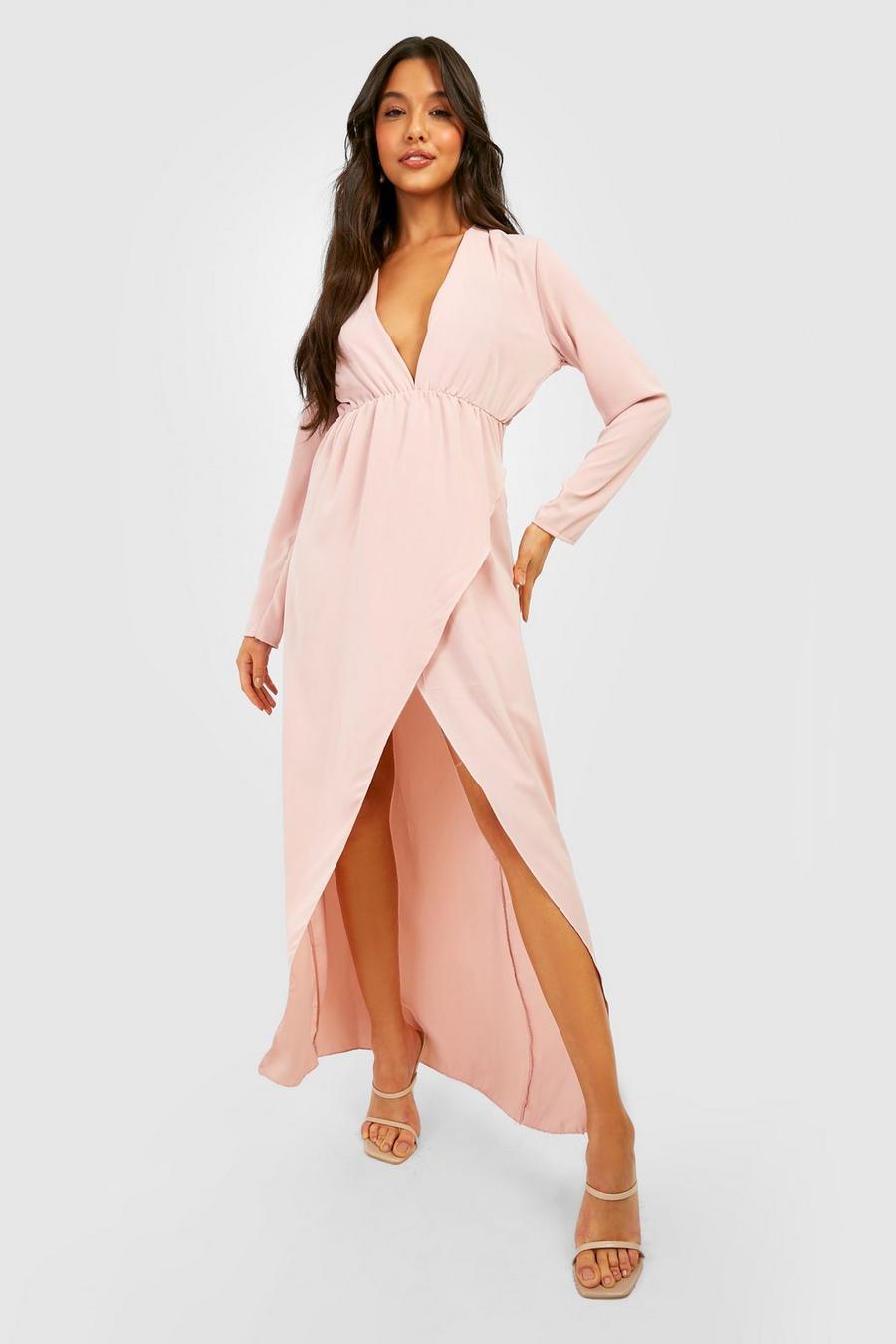 Blush pink Chiffon Long Sleeve Wrap Dress 