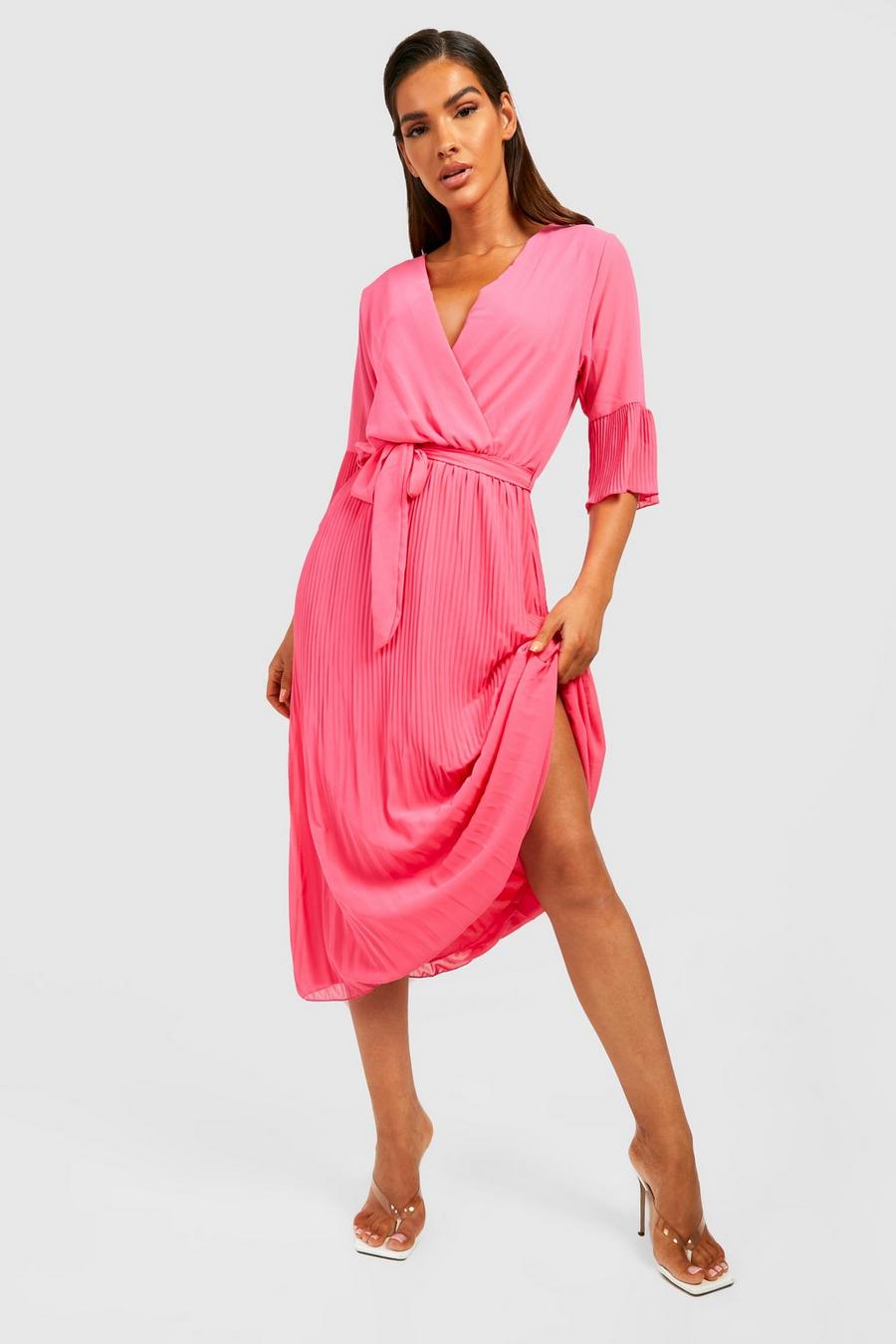 Pink Chiffon Pleated Midi Dress