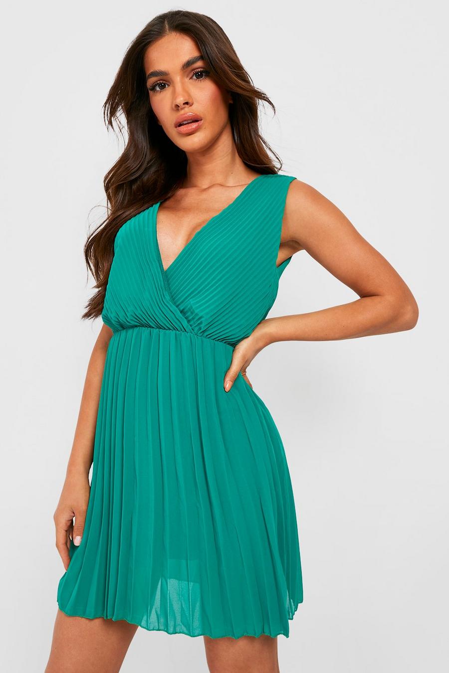 Green Chiffon Pleated Skater Dress image number 1