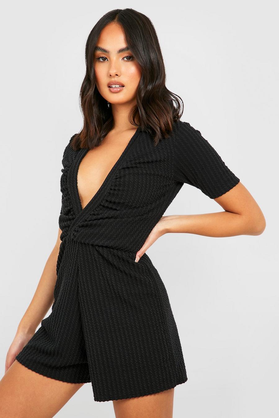Black Crinkle Rib Ruched Collared Playsuit image number 1