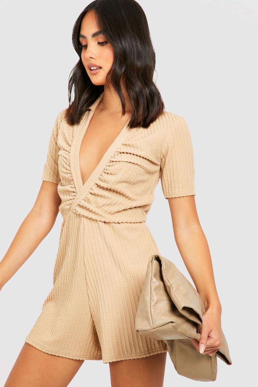 Stone beige Crinkle Rib Ruched Collared Playsuit