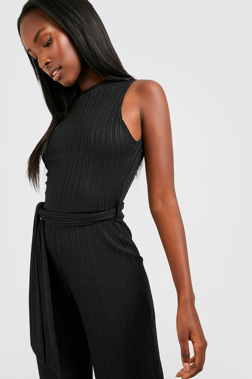 Crinkle Rib Belted Culotte Jumpsuit, Black Crinkle Jumpsuit