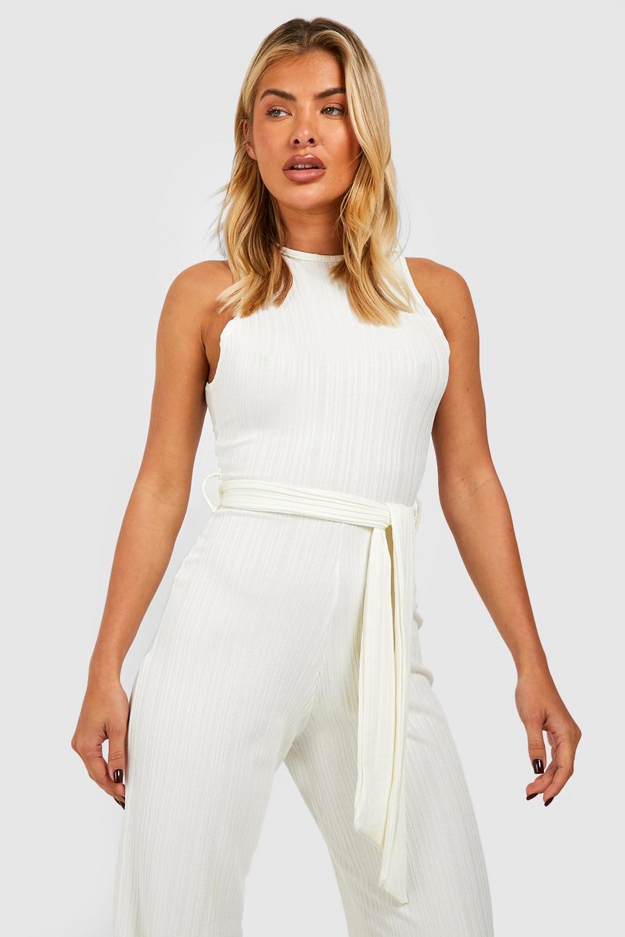 White Crinkle Rib Belted Culotte Jumpsuit image number 1