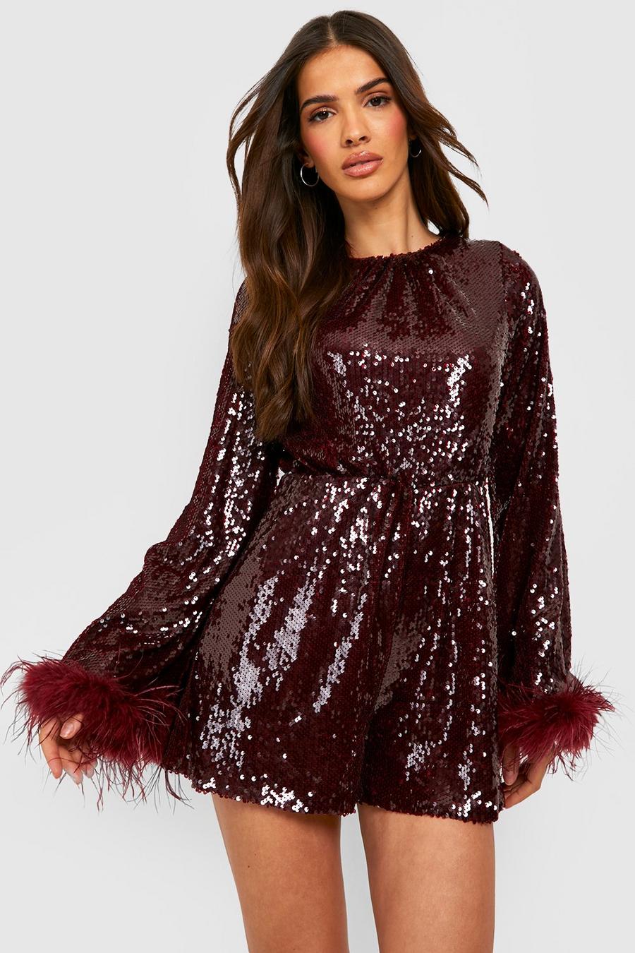 Berry red Sequin Feather Trim Playsuit