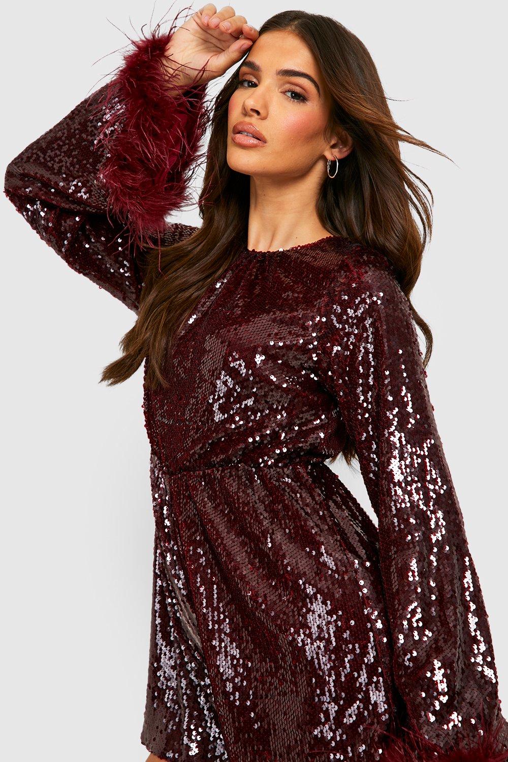 Sequins Feather-trim Long sleeves Mini Dress In Pink Rose Gold