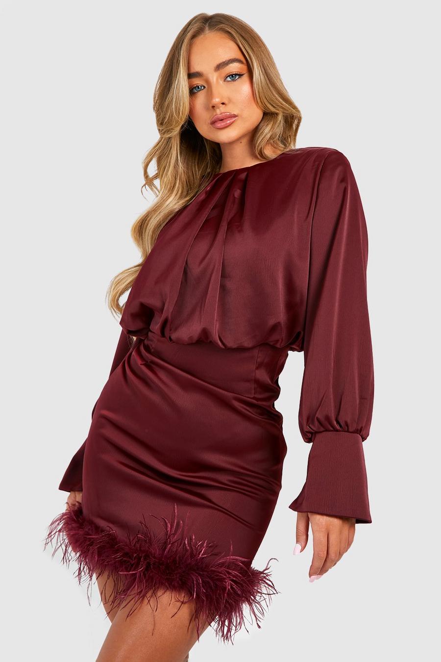 Berry Satin Feather Trim Long Sleeve Dress image number 1