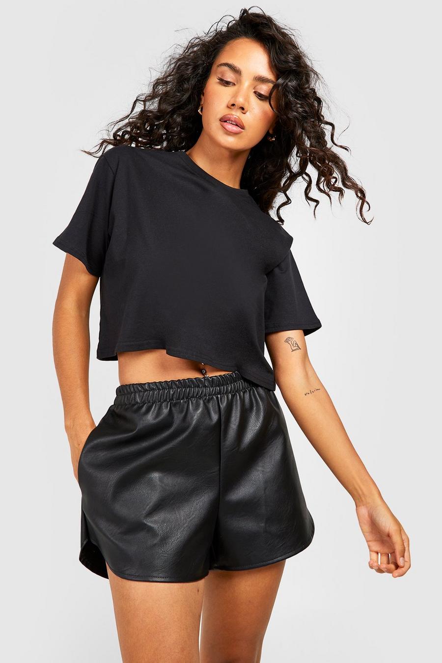 Elastische PU-Shorts, Black image number 1