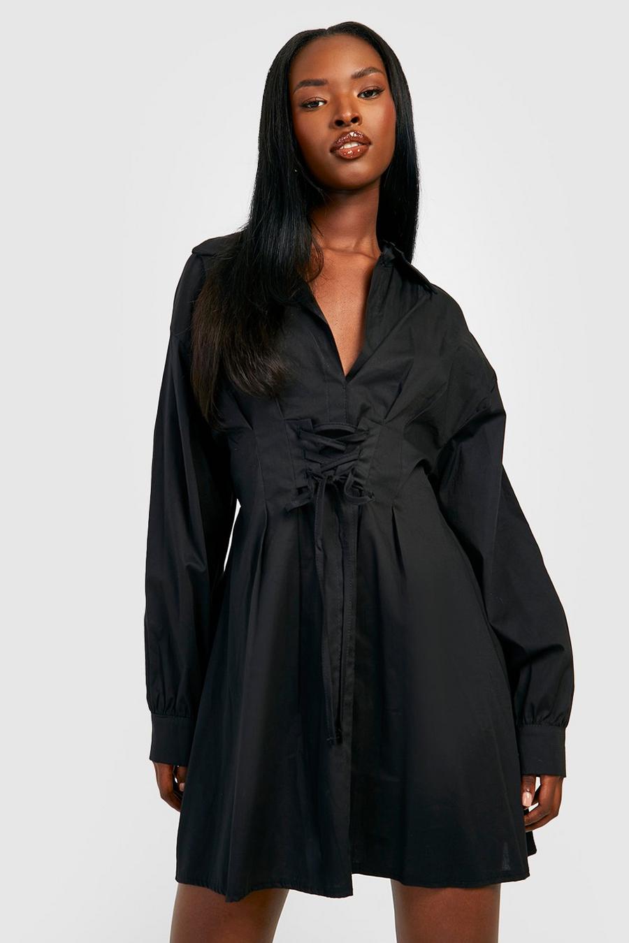 Black Cotton Lace Up Shirt Dress image number 1