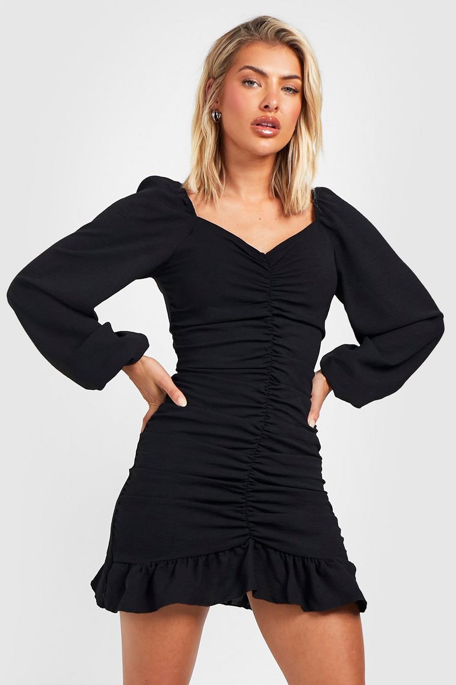 Black Woven Puff Sleeve Ruched Dress image number 1