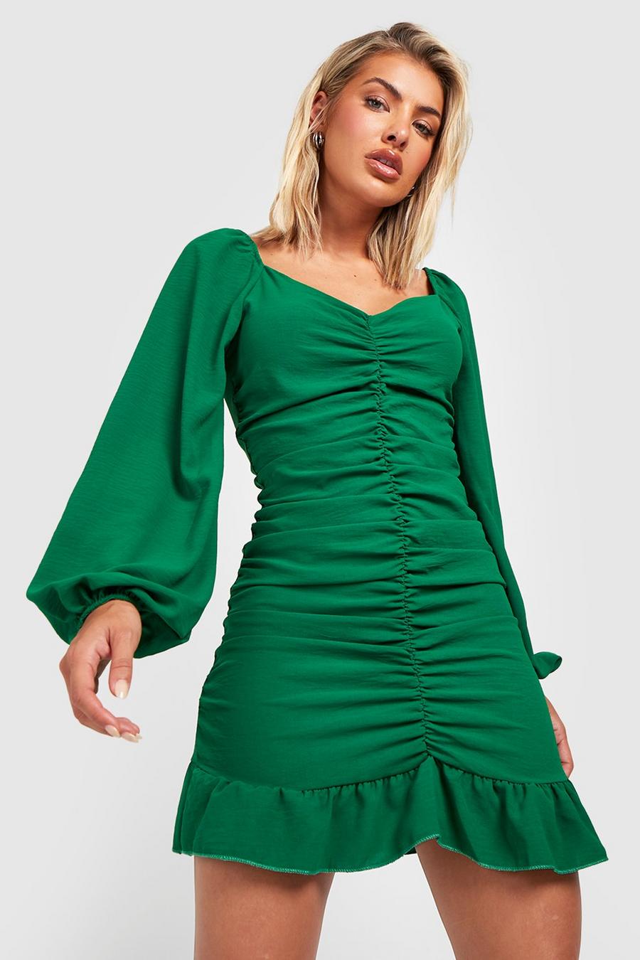 Green Woven Volume Sleeve Ruched Dress