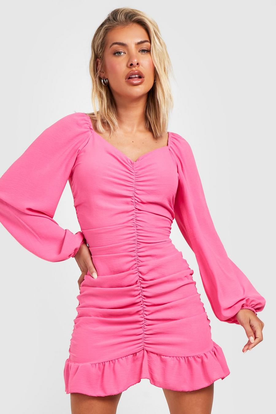 Pink Woven Volume Sleeve Ruched Dress image number 1