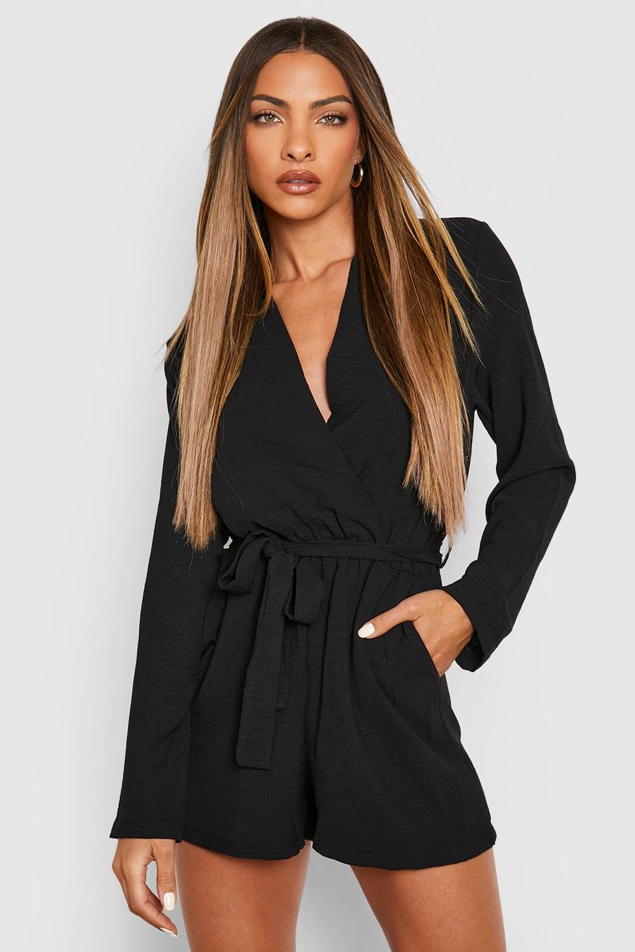 Black Woven Belted Playsuit