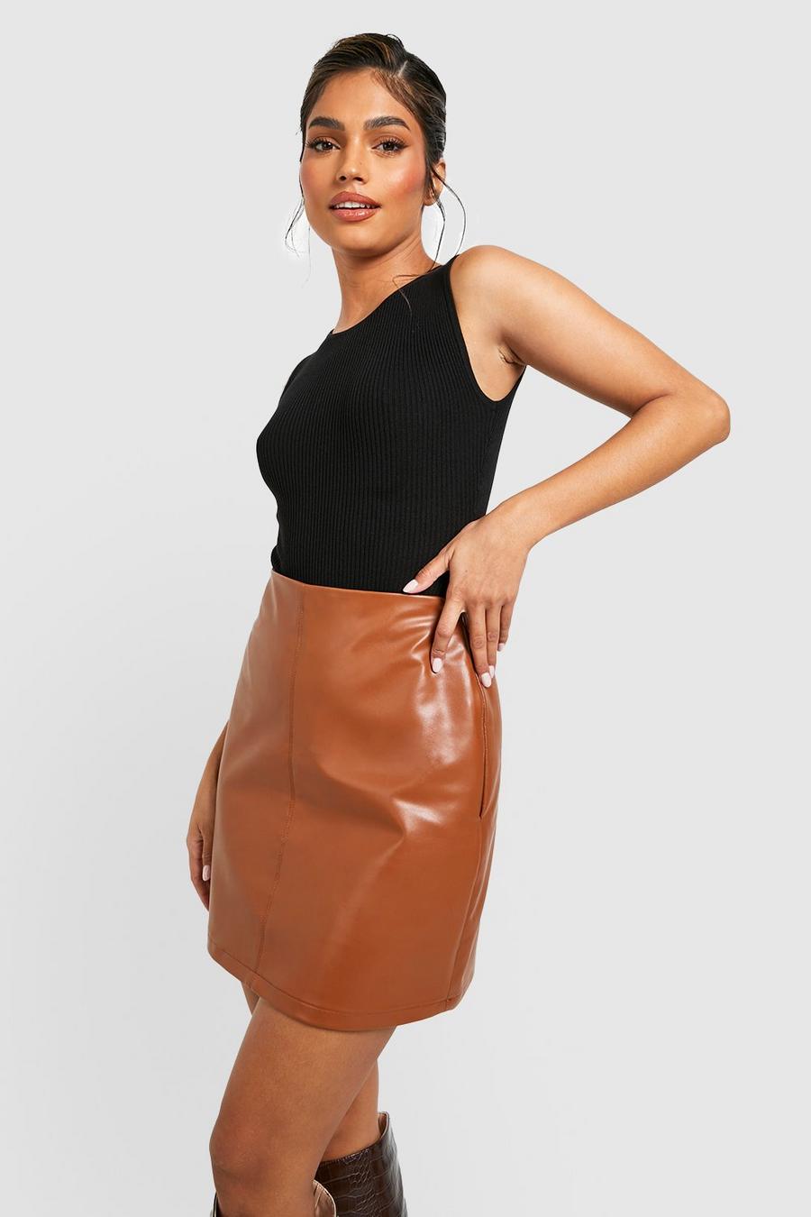 Tan brun Mix & Match Leather Look Mini Skirt