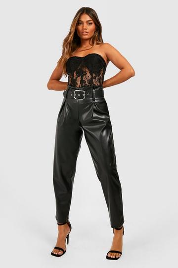 Black Faux Leather Belted High Waisted Pants